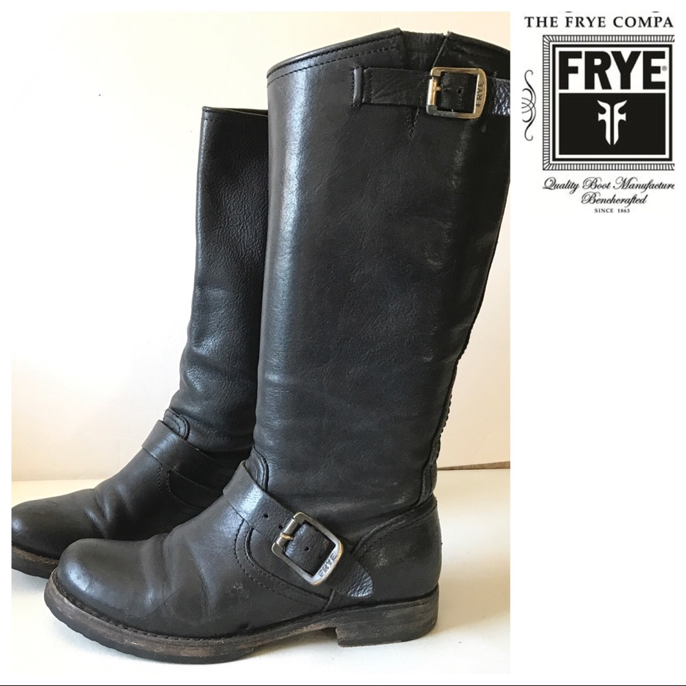 FRYE Veronica Black Leather BOOTS Size 7 Moto Knee Flat Biker